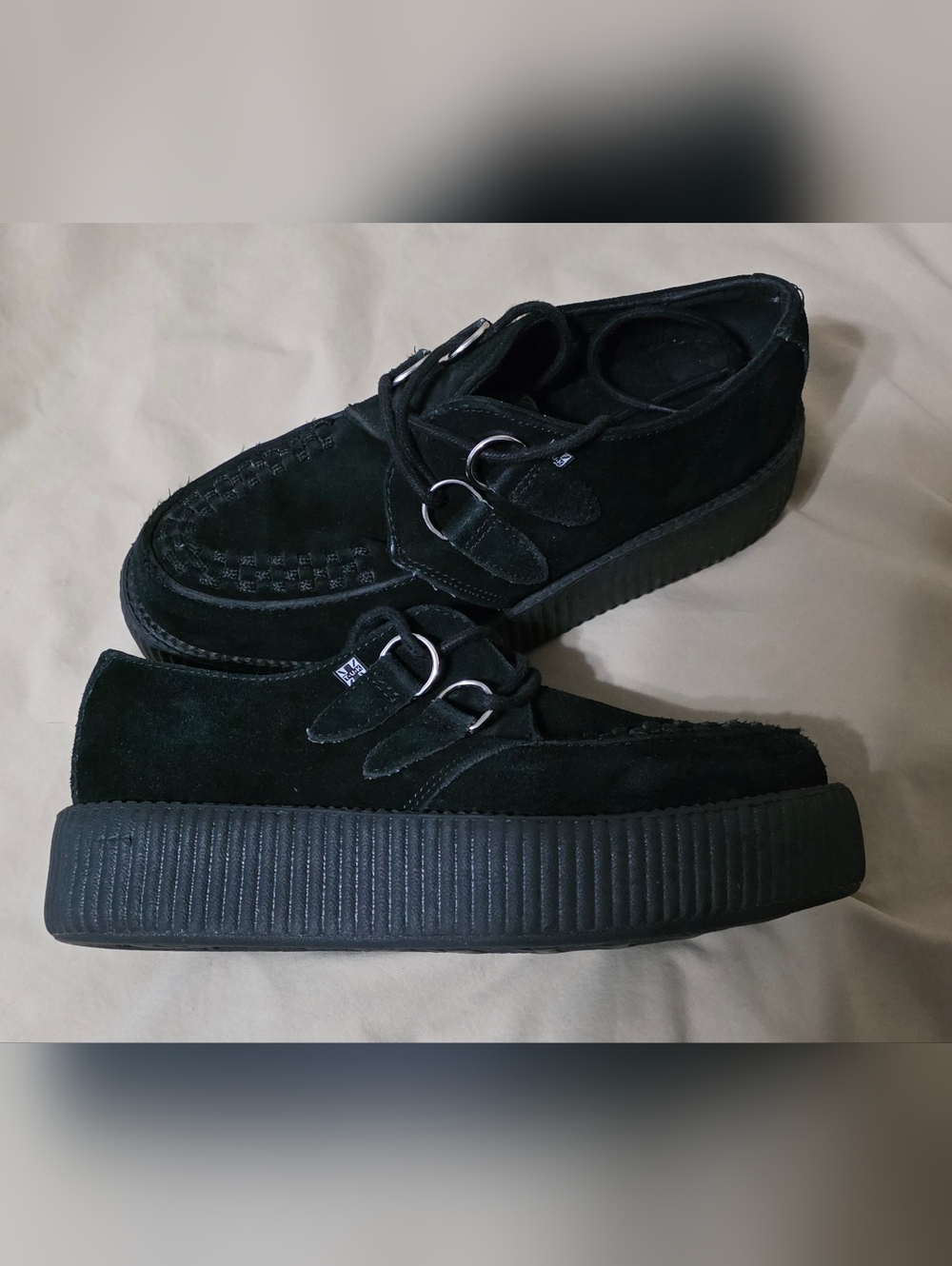 T.U.K. Viva Mondo Black Suede Creeper Shoes Double Ring Platform Unisex M6/W8